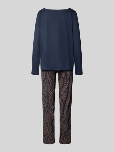 Productfoto, Pyjama aus reiner Baumwolle van SCHIESSER, dames pyjama in recht pasvorm met vierkante hals, met lange mouwen, pyjamabroek met elastische band, donkerblauw pyjamabovendeel, broek met bladmotive in bruin en blauw, puur katoen