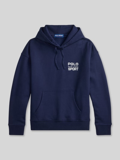 Produktfoto, Relaxed Fit Hoodie aus Baumwoll-Mix von Polo Ralph Lauren in effen donkerblauw met label print, kangoeroezak en geribde boorden, sweatmateriaal