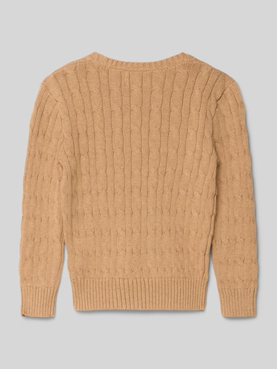Produktfoto, Strickpullover mit Zopfmuster und Label-Stitching von Polo Ralph Lauren Kids aus reiner Baumwolle in Beige mit Rundhalsausschnitt, Regular Fit, Rückansicht