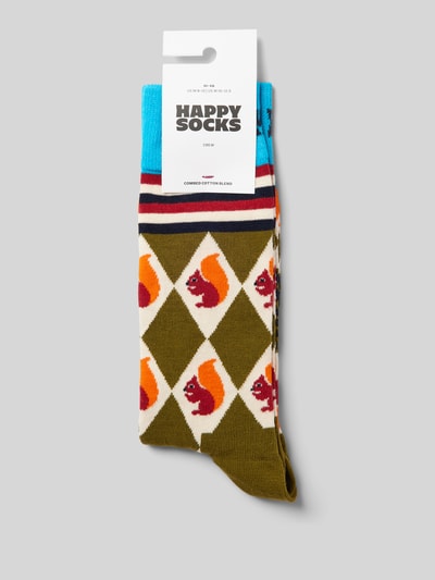 Happy Socks Sokken met labelstitching, model 'Squirrel' Olijfgroen - 3