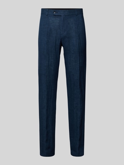 Productfoto, blauwe Leinenhose met französischen Eingrifftaschen Modell 'Tomte' van Carl Gross, straight fit, puur linnen, detailrijke stoftextuur