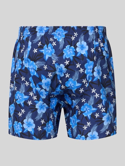 Produktfoto, Boxershorts aus reiner Baumwolle Modell 'Blume' von Deal, luźny krój, elastyczny pas, naszywka z logo, kwiatowy wzór, odcienie niebieskiego, wyraźna faktura bawełny