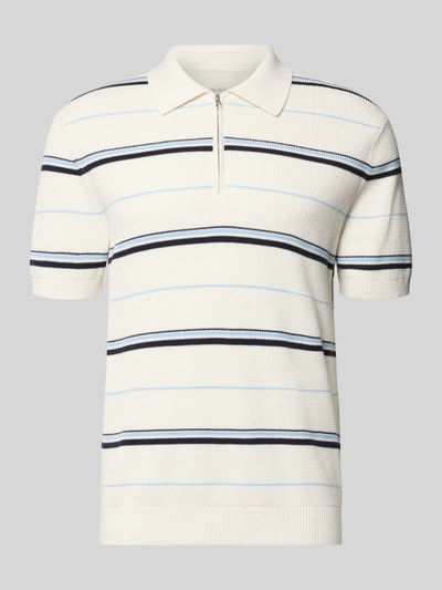 Produktfoto, Slim Fit Poloshirt mit Reißverschluss von Gant in Weiß mit schwarzen und blauen Streifen, strukturierte Baumwolle, kurze Ärmel, elastische Abschlüsse
