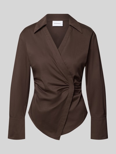 Produktfoto, Slim Fit Bluse in Wickel-Optik van comma, katoenmix met stretch, all-over look, overhemdkraag, v-hals, bruin, maat 36 ruglengte 61 cm, mouwlengte 57 cm