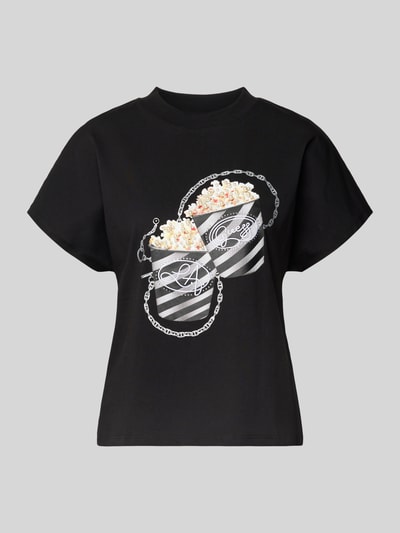 Produktfoto, Regular Fit T-Shirt mit Ziersteinbesatz Modell 'Popcorn' von Guess, motyw z popcornem, czysta bawełna, krój regular fit, dekolt okrągły, długość pleców w rozmiarze S: 56 cm