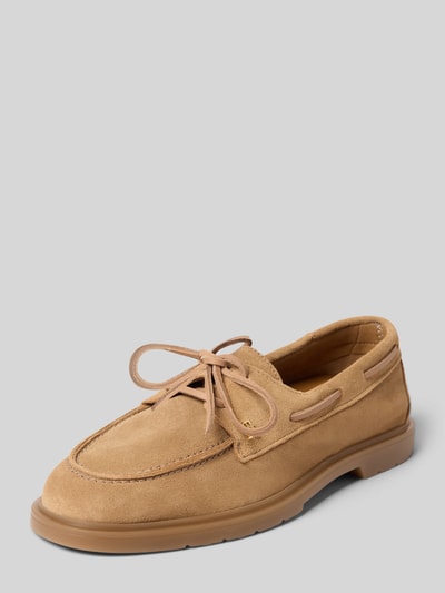 Productfoto, Bootsschuhe aus echtem Veloursleder van Tommy Hilfiger in effen beige, afgeronde neus, blokhak, suède structuur, metalen logo-applicatie, vetersluiting, gestructureerde zool, echt leer