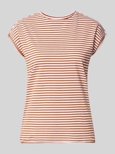 Produktfoto, T-Shirt mit Rundhalsausschnitt von Christian Berg Woman, weiß und rostrot gestreift, reine Baumwolle, Regular Fit, Rollsaum