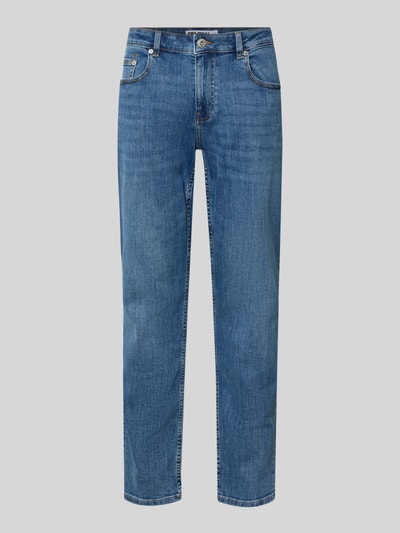 Produktfoto, Slim Fit Jeans mit klassischem Five-Pocket-Design von REVIEW, blaue Waschung, Baumwoll-Elasthan-Mix, glatte Textur