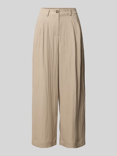 Produktfoto, Culotte mit Knopf- und Reißverschluss Modell 'Milo' von LOLLYS LAUNDRY, beiger Material-Mix mit Viskose-Anteil, Wide-Leg-Fit, seitliche Eingrifftaschen, Bundweite 37 cm, Innenbeinlänge 68 cm, strukturierte Oberfläche.