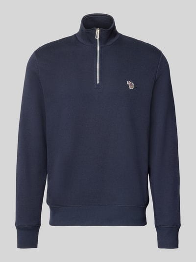 Produktfoto, Regular Fit Sweatshirt aus reiner Baumwolle von Paul Smith in Dunkelblau mit Troyer-Kragen, Label-Stitching und gerippten Abschlüssen, Rückenlänge 73 cm, Ärmellänge 72 cm.