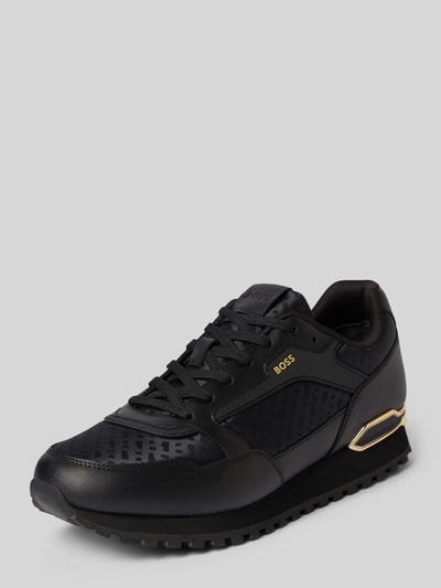 Produktfoto, Sneaker aus echtem Leder-Mix Modell 'PARKOUR-L_RUNN_NMNAL' von BOSS in Schwarz mit goldfarbenem Detail, Herren Sneaker von BOSS