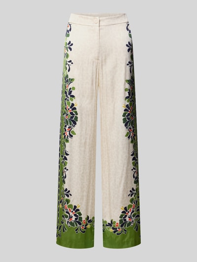 Produktfoto, Wide Leg Pants aus Viskose-Mix mit Eingrifftaschen von Marc Cain, cremefarben mit grünem Saum und floralem Muster, Loose Fit, elastischer Bund, Stretch-Anteil, für Damen.