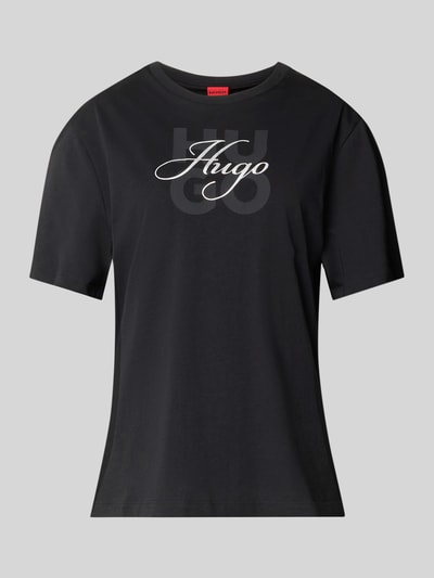 Produktfoto, czarny damski t-shirt o prostym kroju regular fit, biały napis, gładka faktura, Regular Fit T-Shirt aus reiner Baumwolle Modell 'Dashire_5' von HUGO, damski t-shirt