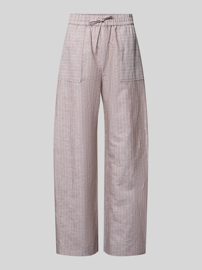 Produktfoto, Wide Leg Pants aus Leinen-Mix mit Eingrifftaschen od MM by Max Mara, beżowo-białe paski, luźny krój, szerokość w rozmiarze 36: 37 cm, długość nogawki wewnętrznej w rozmiarze 36: 80 cm, elastyczny pas ze sznurkiem, boczne kieszenie, model 'FAUNA', len z bawełną