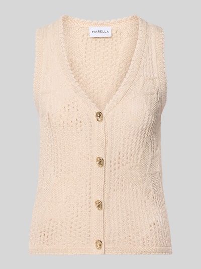 Produktfoto, kremowa kamizelka dzianinowa z dekoltem w serek, listwa guzikowa, czysta bawełna, krój slim fit, długość tyłu 56 cm, Strickweste mit V-Ausschnitt Modell 'LASTICE' von Marella