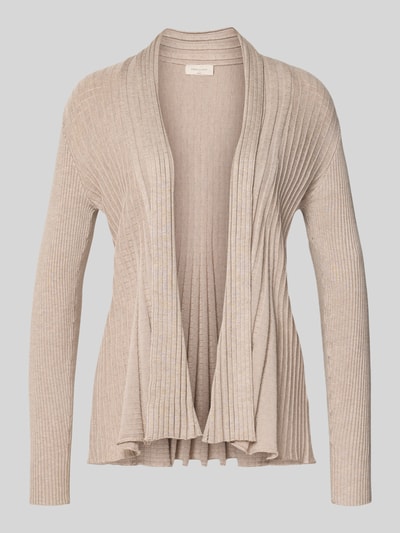 Produktfoto, beigefarbener Cardigan aus Viskose-Mix Modell 'CLAUDISSE' von FREE/QUENT, schmale Passform, feine Rippstruktur, Raffungen.