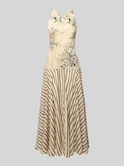 Produktfoto, Maxikleid im Allover-Look Modell 'MILLE' von Topshop, creme mit schwarzen Streifen und floralen Konturmuster, taillierter Schnitt, Träger im Perlen-Look, Rückenlänge 134 cm, Brustweite 38 cm, fließende Textur