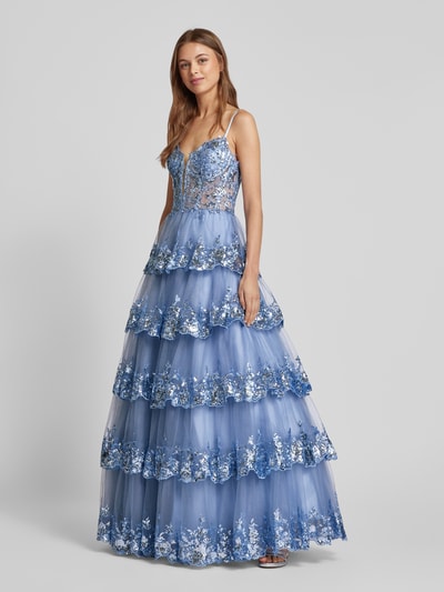 Luxuar Abendkleid im Stufen-Look Rauchblau 1