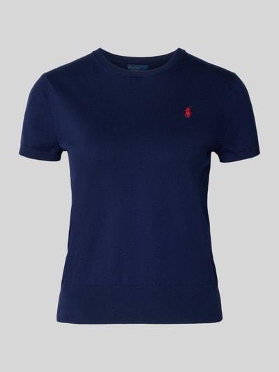 Produktfoto, Regular Fit Kurzarmpullover aus Baumwoll-Mix von Polo Ralph Lauren in Dunkelblau mit rotem Logo-Stitching, strukturierte Textur