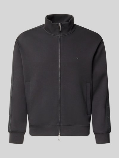 Produktfoto, Sweatjacke mit Stehkragen und Zweiwege-Reißverschluss von Emporio Armani, Herren, Baumwoll-Mix mit Stretch-Anteil, Regular Fit, Farbe Dunkelgrau, glatte Oberfläche, Eingrifftaschen, Rückenlänge 66 cm, Ärmellänge 62 cm