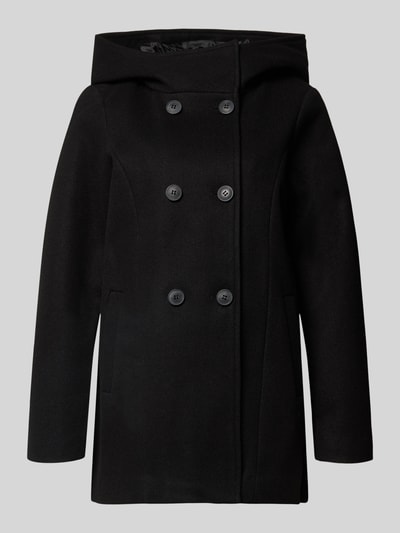 Produktfoto, Wollmantel mit Kapuze von VERO MODA, czarny, gładka tkanina, podwójny rząd guzików, kaptur, boczne kieszenie, długi rękaw, zaokrąglony dół