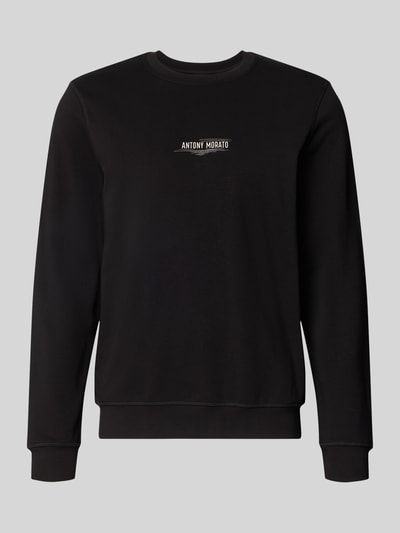Produktfoto, schwarzes Regular Fit Sweatshirt aus Baumwoll-Mix von Antony Morato mit Logo-Print, Rundhalsausschnitt und elastischen Abschlüssen