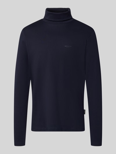 Produktfoto, donkerblauw shirt met lange mouwen met col van HECHTER PARIS, puur katoen, recht model, labeldetail, ruglengte maat M 72 cm