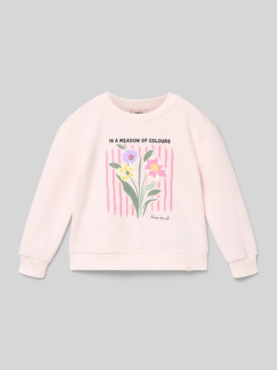 Produktfoto, Regular Fit Sweatshirt aus Baumwoll-Mix Modell 'GRUTHALINA' von ONLY, Optik: Unifarben, Motiv-Print, Crew Neck, Langarm, gerippte Abschlüsse, kinder, Sweat, hellrosa mit buntem Blumenmotiv auf glatter Textur.