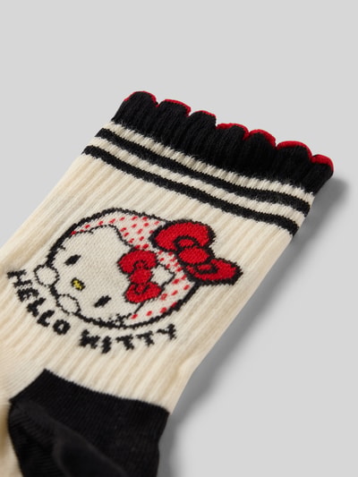 Produktfoto, Socken aus Baumwoll-Mix Modell 'HELLO KITTY RIBBON' von Happy Socks, cremefarben mit Rippenstruktur, Muschelsaum, Label-Detail