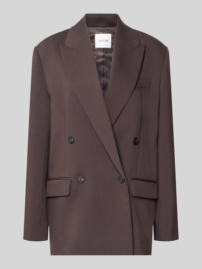 Produktfoto, Oversized Blazer mit Viskose-Anteil von MYON in Braun mit Reverskragen, doppelter Knopfleiste und Pattentaschen, glatte Textur.