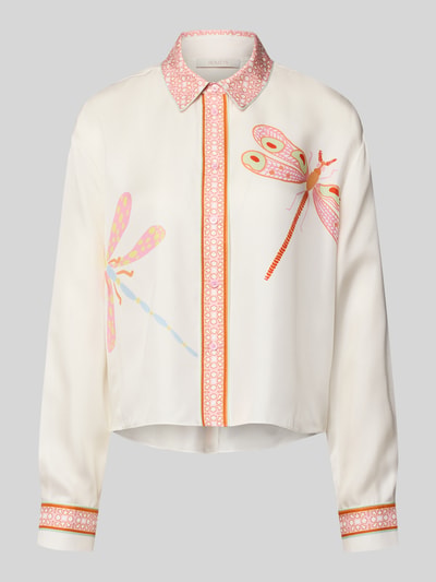 Produktfoto, Regular Fit Bluse im Allover-Look von HERZENS, kremowy materiał, kolorowe ważki, kołnierzyk koszulowy, listwa guzikowa, długość tyłu w rozmiarze 36: 59 cm, długość rękawa w rozmiarze 36: 60 cm