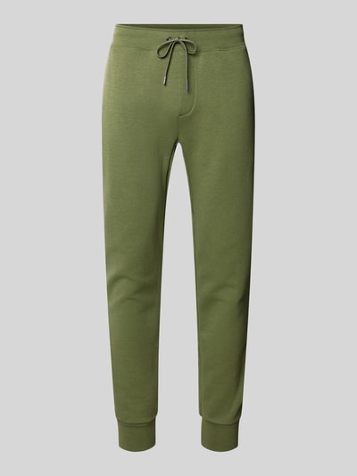 Produktfoto, Tapered Sweatshorts aus Baumwoll-Mix von Polo Ralph Lauren, kolor oliwkowy, gładki, krój tapered fit, logo, kieszenie, ściągacz