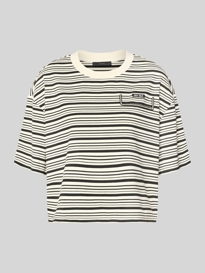 Produktfoto, Boxy Fit T-Shirt mit Label-Stitching und Tunnelzug von Oui im Allover-Look, Streifenmuster in Schwarz und Creme, Viskose-Mix