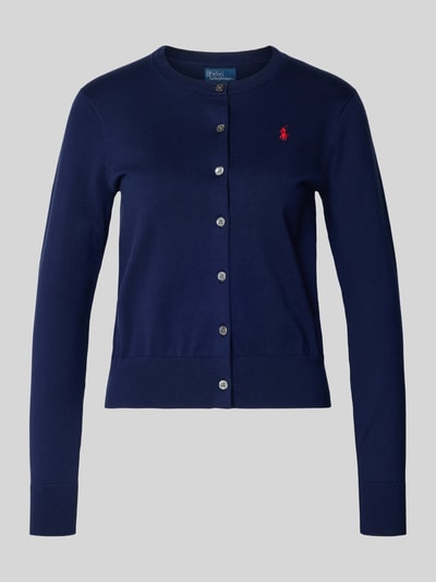 Produktfoto, Regular Fit Strickjacke aus Baumwoll-Mix von Polo Ralph Lauren in Dunkelblau mit Logo-Stitching, Rundhalsausschnitt, Knopfleiste