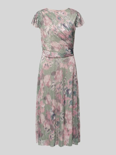 Produktfoto, Schimmerndes Cocktailkleid mit Rundhalsausschnitt von Swing in Grün-Rosa, taillierter Midikleid-Schnitt, florale Struktur, Material-Mix mit Stretch-Anteil