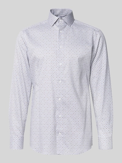 Produktfoto, weißes Modern Fit Businesshemd aus reiner Baumwolle von OLYMP mit feinem geometrischem Muster auf grauem Hintergrund, Herren Businesshemd von OLYMP