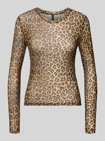 Produktfoto, Slim Fit Langarmshirt mit Rundhalsausschnitt Modell 'LOVA' van VERO MODA Dames, luipaardprint in bruin- en goudtinten, zachte en gladde textuur