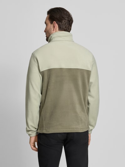 Männermodel trägt Regular Fit Fleecejacke mit Logo-Patch Modell 'Mountain' von COLUMBIA in Beige und Oliv, elastische Ärmelabschlüsse, Reißverschluss, Eingrifftaschen, Stehkragen, Rückenlänge 70 cm, Ärmellänge 68 cm, Ganzkörperansicht Rückansicht.