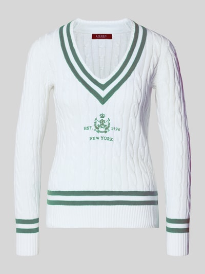 Produktfoto, Slim Fit Pullover in Strick-Optik Modell 'Meren' von Lauren Ralph Lauren, biały z zielonymi paskami i logo, bawełna, dekolt V