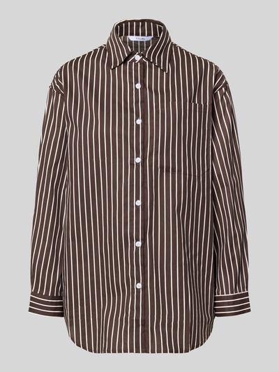 Produktfoto, Regular Fit Bluse aus reiner Baumwolle Modell 'MAVIE' von VILLA SOPHIE, Optik: Allover-Muster, Hemdkragen, einreihige Knopfleiste, Langarm, Material: reine Baumwolle, braune und weiße vertikale Streifen, glatte Textur
