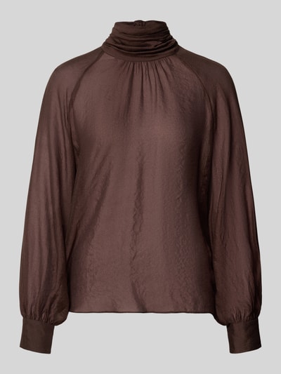 Produktfoto, Regular Fit Bluse aus Viskose-Mix mit Stehkragen von Christian Berg Cocktail in Braun, semitransparent, langärmelig, eingefasste Ärmelabschlüsse, glatte Struktur