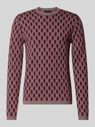 Produktfoto, Slim Fit Pullover in Strick-Optik von Emporio Armani, bordeaux und beige, geometrisches Muster, Rundhalsausschnitt, elastische Abschlüsse