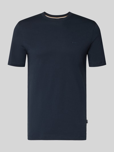 Produktfoto, T-Shirt aus Baumwolle Modell 'Thompson' von BOSS, rechte pasvorm, donkerblauw, geribbelde ronde hals, subtiele logoprint