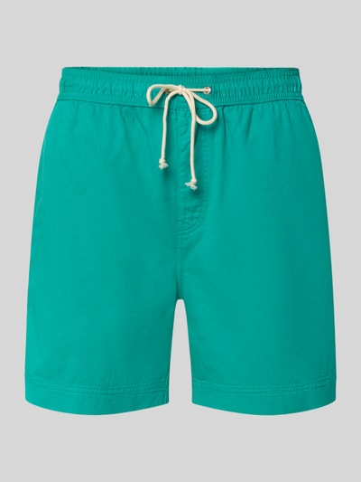Produktfoto, Regular Fit Shorts mit elastischem Bund Modell 'SUNFADED' von Gant in kräftigem Türkis, reine Baumwolle, Tunnelzug, klare Struktur, Bundweite bei Größe M: 43 cm, Innenbeinlänge bei Größe M: 15 cm.