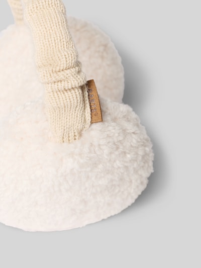Produktfoto, cremefarbene Ohrenwärmer mit Teddyfell-Besatz Modell 'Browniez' von Barts auf grauem Hintergrund, weiche Textur