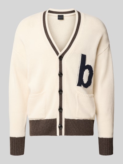 Produktfoto, Strickjacke aus Woll-Mix mit V-Ausschnitt von bugatti, cremefarben mit braunen Bündchen, Knopfleiste, aufgesetzte Taschen, Regular Fit, Obermaterial mit weicher Textur