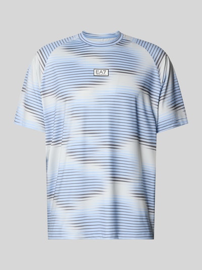 Produktfoto, Regular Fit T-Shirt mit Logo-Applikation von EA7 Emporio Armani im elastischen Material-Mix, Rundhalsausschnitt, blau-weiß gestreift