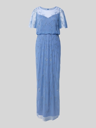 Produktfoto, Regular Fit Abendkleid mit floralem Allover-Stitching von Adrianna Papell, niebieska sukienka wieczorowa, krój regular fit, haft na całej powierzchni, obszycie ozdobnymi kamieniami, półprzezroczysty materiał, z krótkim rękawem, długość tyłu w rozmiarze 36: 145 cm, szerokość w rozmiarze 36: 41 cm, długość rękawów w rozmiarze 36: 27 cm