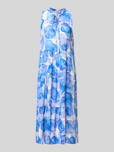 Produktfoto, Midikleid aus Viskose Modell 'Vi44vii' von ZABAIONE, Damen Midikleid in A-Linie mit Allover-Look, Stehkragen und Schnürung, blau-weiß, strukturierte, fließende Textur, Rückenlänge bei Größe S: 101 cm, Brustweite bei Größe S: 50 cm.