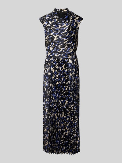 Produktfoto, Tailliertes Freizeitkleid mit Bindegürtel von s.Oliver BLACK LABEL in Blau, Schwarz und Beige mit abstraktem Muster und Plissee-Struktur